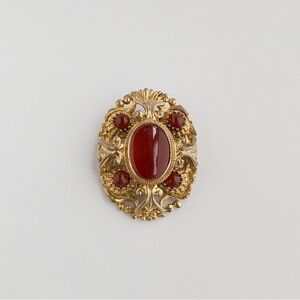 Vintage Sphinx Brooch Pin Red Poured Glass & Cabochon Rococo Baroque Style A530